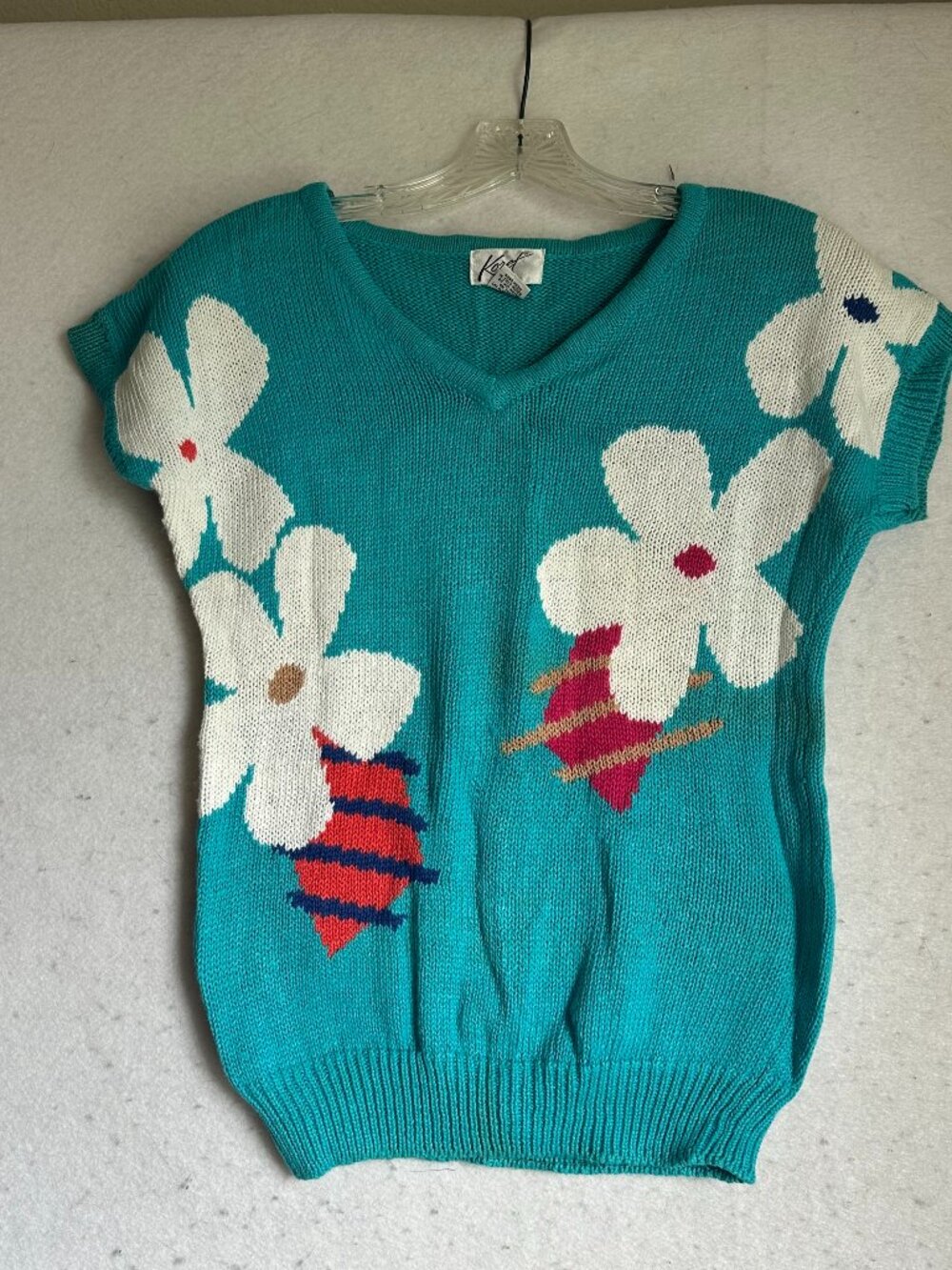 Koret Small Women's Flower Print Knit Sweater Top Turquoise Cottagecore Vintage